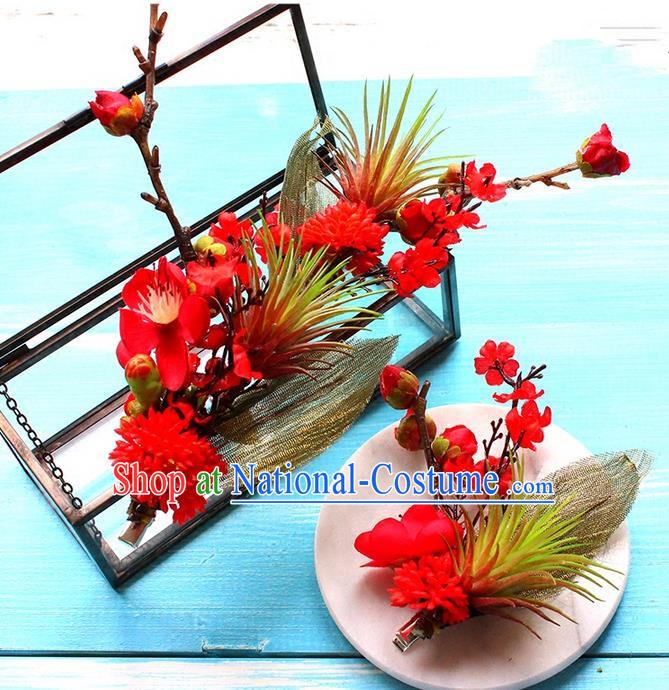 Top Grade Handmade Wedding Bride Hair Accessories Red Flowers Hair Stick, Traditional Princess Baroque Hair Claws Headpiece for Women