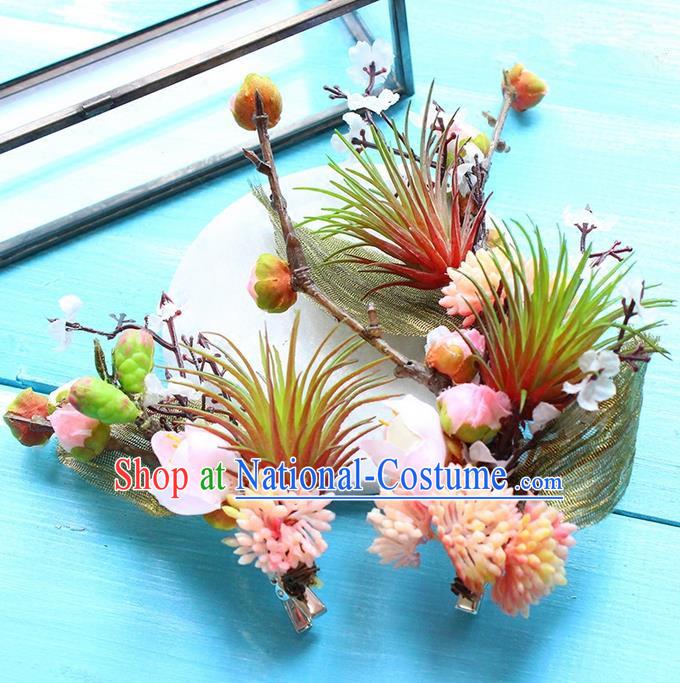 Top Grade Handmade Wedding Bride Hair Accessories Pink Flowers Hair Stick, Traditional Princess Baroque Hair Claws Headpiece for Women