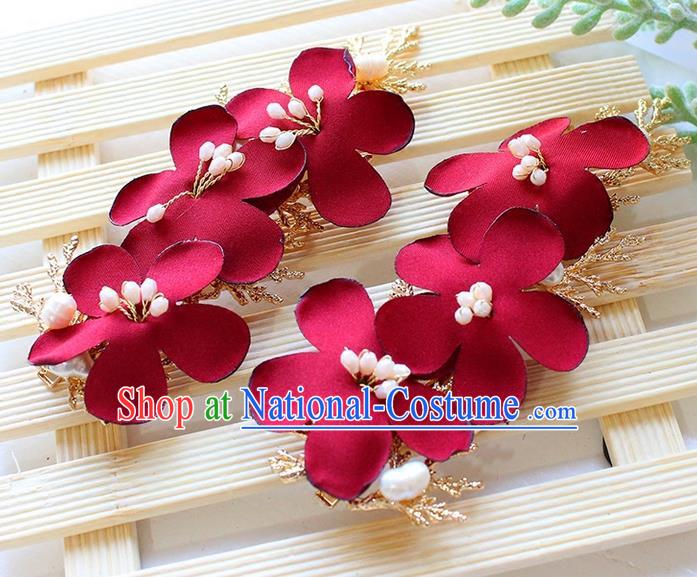 Top Grade Handmade Wedding Bride Hair Accessories Red Flowers Hair Clips, Traditional Princess Baroque Hair Claws Headpiece for Women