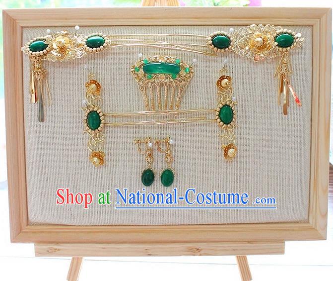 Top Grade Chinese Handmade Wedding Green Jade Hair Accessories Complete Set, Traditional China Xiuhe Suit Bride Phoenix Coronet Tassel Hairpins Headwear for Women