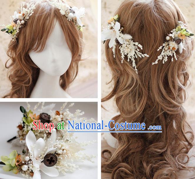 Top Grade Handmade Wedding Bride Hair Accessories White Flowers Headwear, Traditional Princess Baroque Hair Stick Headpiece Hairpins Complete Set for Women