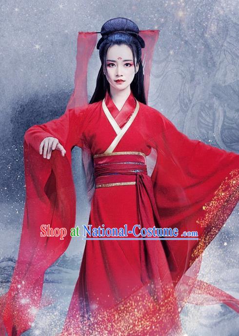 Traditional Ancient Chinese Swordswoman Costume and Handmade Headpiece Complete Set, Elegant Hanfu Clothing Chinese Young Lady Red Dress Clothing