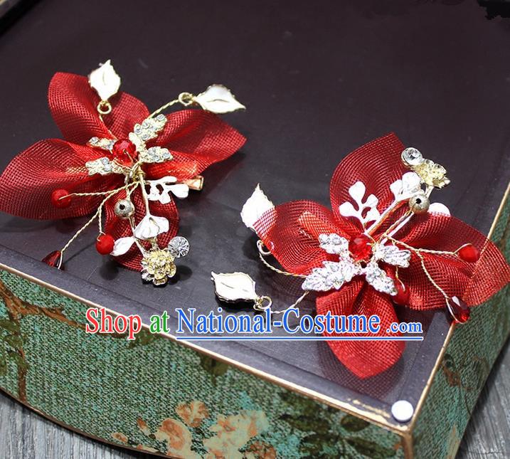 Top Grade Handmade Wedding Bride Hair Accessories Red Flower Hair Stick, Traditional Princess Baroque Hair Claw Headpiece for Women