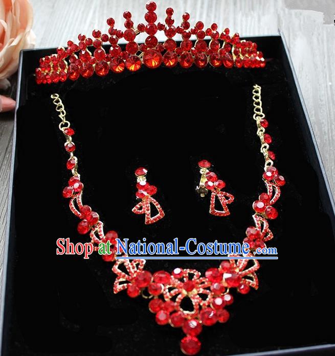 Top Grade Handmade Wedding Hair Accessories Bride Zircon Crown and Earring Necklace Complete Set, Traditional Baroque Princess Red Crystal Royal Crown Wedding Headwear for Women