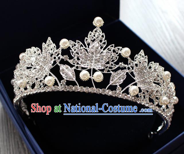 Top Grade Handmade Wedding Hair Accessories Bride Pearl Maple Leaf Crown, Traditional Baroque Princess Crystal Royal Crown Wedding Headwear for Women