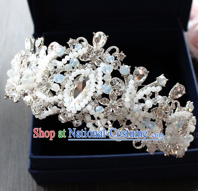 Top Grade Handmade Wedding Hair Accessories Bride Beads Opal Crown, Traditional Baroque Princess Crystal Royal Crown Wedding Headwear for Women