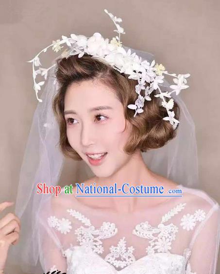 Top Grade Handmade Wedding Bride Hair Accessories Lace Veil Hair Clasp, Traditional Princess Baroque Headband Headpiece for Women