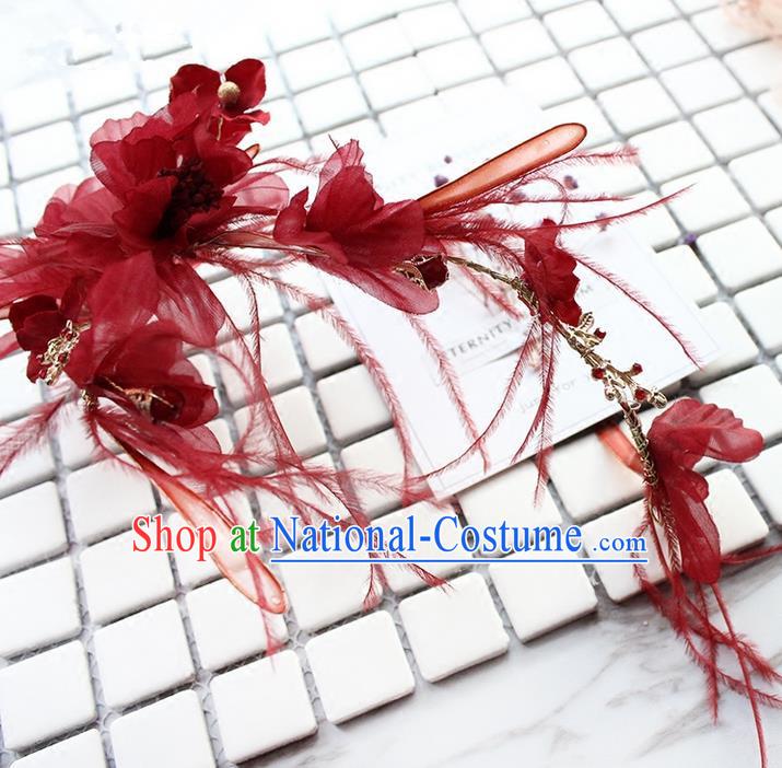 Top Grade Handmade Wedding Bride Hair Accessories Red Silk Flower Hair Stick, Traditional Princess Baroque Hair Clasp Headband Headpiece for Women