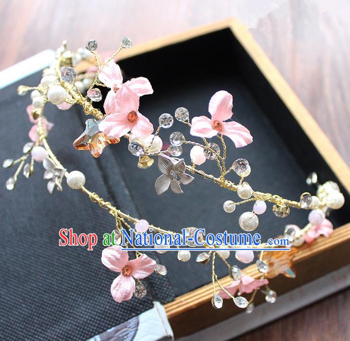 Top Grade Handmade Wedding Bride Hair Accessories Pink Flowers Pearl Hair Clasp, Traditional Princess Baroque Crystal Headband Headpiece for Women