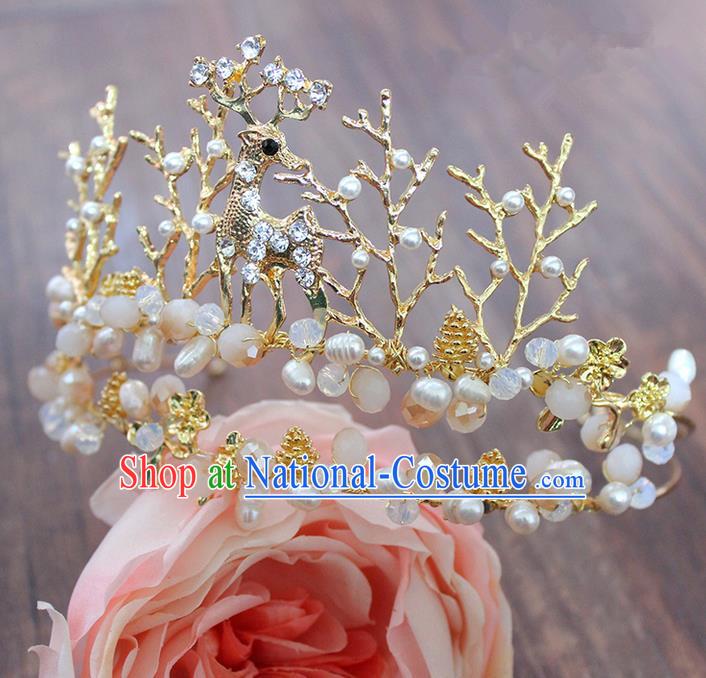 Top Grade Handmade Wedding Hair Accessories Bride Vintage Deer Crown, Traditional Baroque Pearl Royal Crown Wedding Headwear for Women