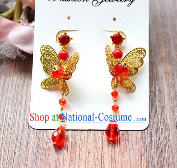 Top Grade Handmade China Wedding Bride Accessories Butterfly Earrings, Traditional Princess Wedding Xiuhe Suit Red Bead Eardrop Jewelry for Women