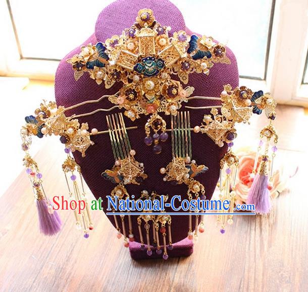 Top Grade Chinese Handmade Wedding Hair Accessories Tassel Step Shake Complete Set, Traditional China Xiuhe Suit Phoenix Coronet Bride Hairpins Headdress for Women