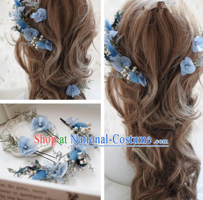 Top Grade Handmade Wedding Bride Hair Accessories Blue Flowers Hair Clasp, Traditional Princess Baroque Garland Headband Headpiece for Women