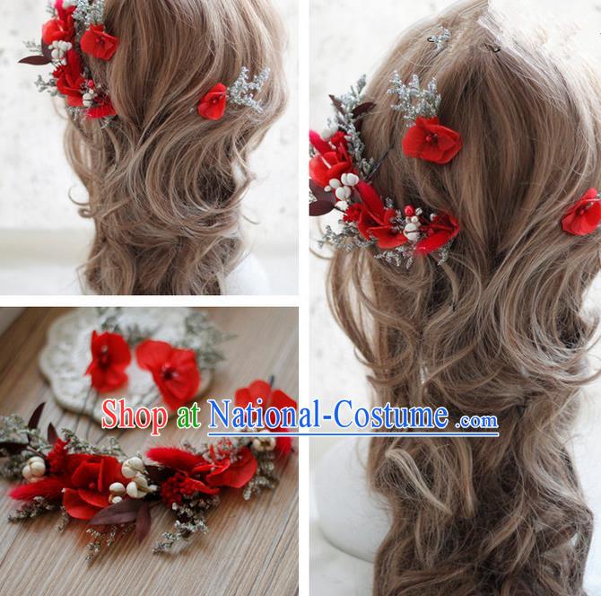 Top Grade Handmade Wedding Bride Hair Accessories Red Flowers Hair Clasp, Traditional Princess Baroque Garland Headband Headpiece for Women