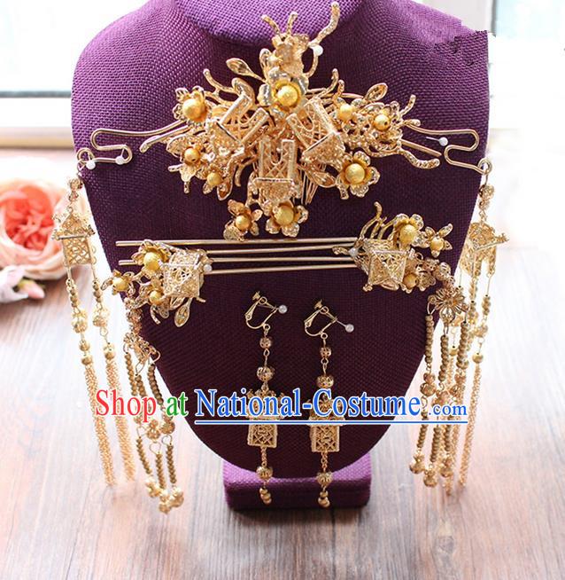 Top Grade Chinese Handmade Wedding Hair Accessories Tassel Step Shake Complete Set, Traditional China Xiuhe Suit Golden Phoenix Coronet Bride Hairpins Headdress for Women