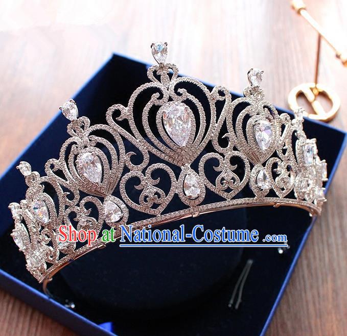 Top Grade Handmade Wedding Hair Accessories Bride Vintage Diamante Crown, Traditional Baroque Queen Zircon Royal Crown Wedding Headwear for Women