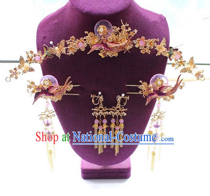 Top Grade Chinese Handmade Wedding Purple Jade Hair Accessories Complete Set Step Shake, Traditional China Xiuhe Suit Phoenix Crown Bride Tassel Hairpins Headdress for Women