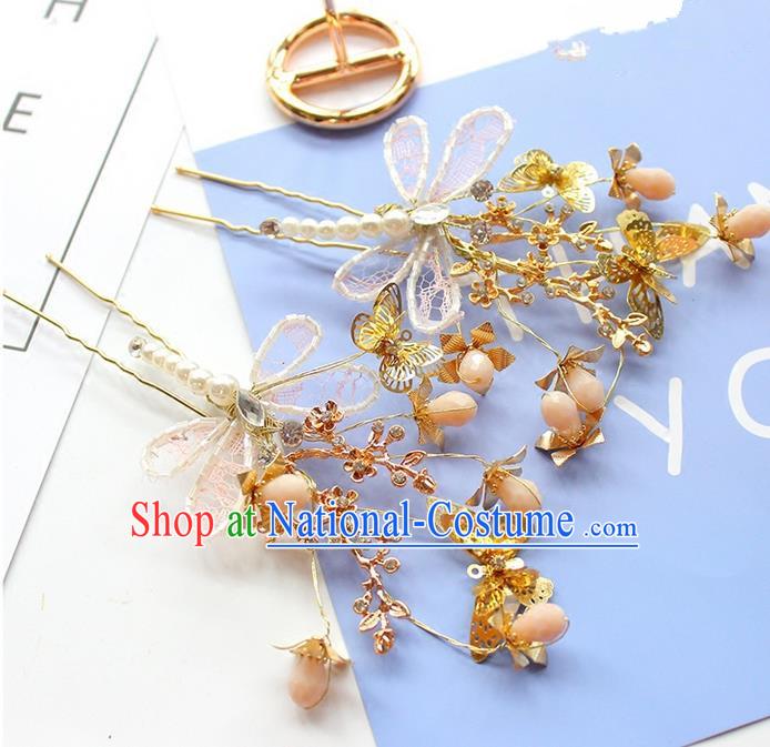 Top Grade Handmade Wedding Bride Hair Accessories Lace Butterfly Hairpins, Traditional Princess Baroque Pearl Hair Stick Headpiece for Women