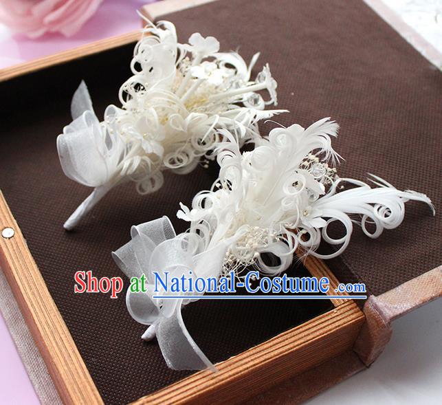 Top Grade Handmade Wedding Bride Hair Accessories White Feather Hair Claw, Traditional Princess Baroque Hair Sticks Headpiece for Women