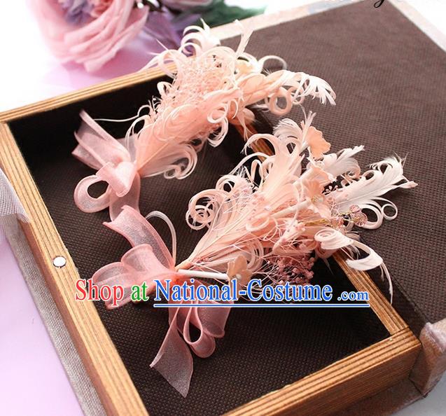 Top Grade Handmade Wedding Bride Hair Accessories Pink Feather Hair Claw, Traditional Princess Baroque Hair Sticks Headpiece for Women