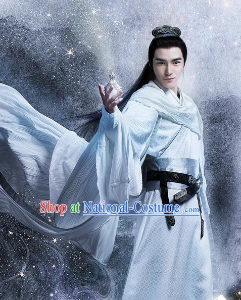 Traditional Ancient Chinese Swordsman Costume and Handmade Headpiece Complete Set, Elegant Hanfu Clothing Chinese Kawaler Clothing for Men