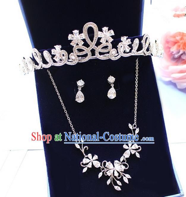 Top Grade Handmade Wedding Hair Accessories Bride Vintage Zircon Crown and Necklace Earrings, Traditional Baroque Queen Crystal Royal Crown Wedding Headwear Complete Set for Women