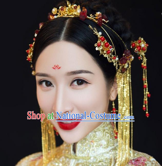 Top Grade Chinese Handmade Wedding Red Coloured Glaze Hair Accessories Complete Set Step Shake, Traditional China Xiuhe Suit Phoenix Crown Bride Tassel Hairpins Headdress for Women