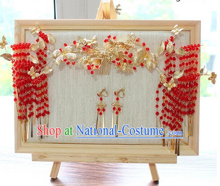 Top Grade Chinese Handmade Wedding Red Beads Hair Accessories Complete Set, Traditional China Xiuhe Suit Step Shake Phoenix Crown Bride Crystal Tassel Hairpins Headdress for Women