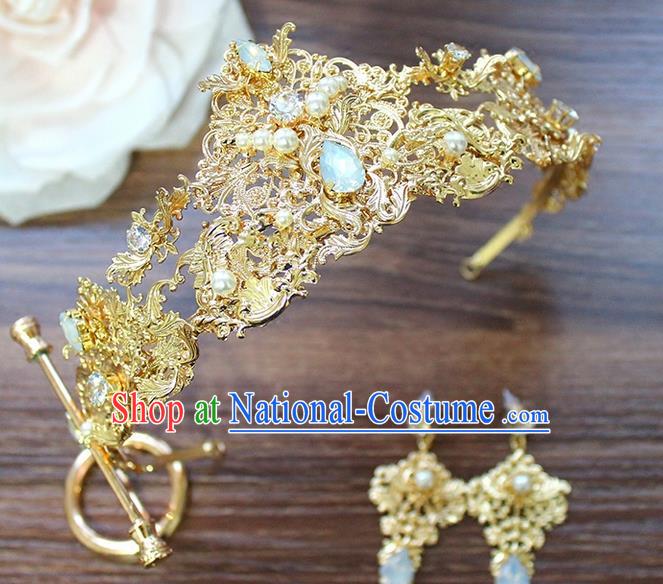 Top Grade Handmade Wedding Hair Accessories Bride Vintage Golden Crown and Earrings, Traditional Baroque Queen Crystal Royal Crown Wedding Headwear Complete Set for Women