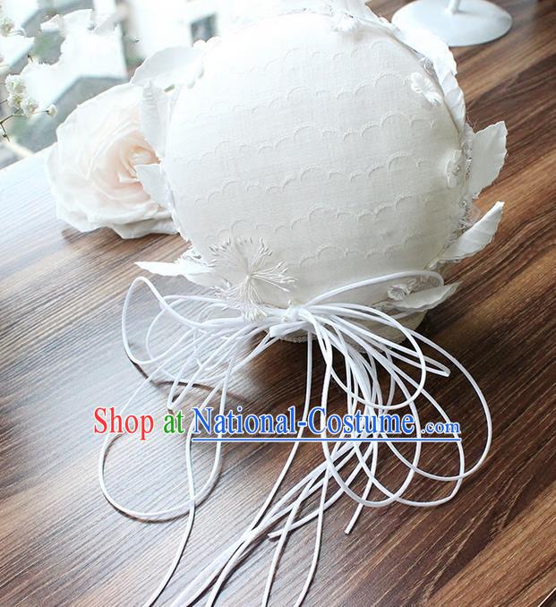 Top Grade Handmade Wedding Bride Hair Accessories White Top Hat, Traditional Princess Baroque Hat Headpiece for Women