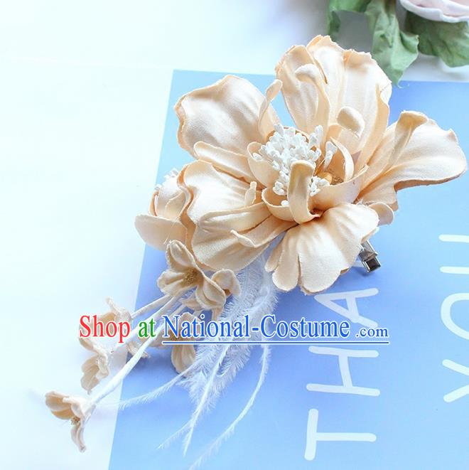 Top Grade Handmade Wedding Bride Hair Accessories Beige Flower Feather Hair Clip, Traditional Princess Baroque Hair Stick Headpiece for Women