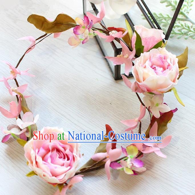 Top Grade Handmade Wedding Bride Hair Accessories Pink Flowers Headband Garland, Traditional Princess Baroque Hair Clasp Headpiece for Women