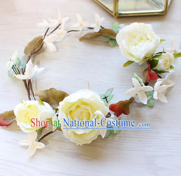 Top Grade Handmade Wedding Bride Hair Accessories White Flowers Headband Garland, Traditional Princess Baroque Hair Clasp Headpiece for Women