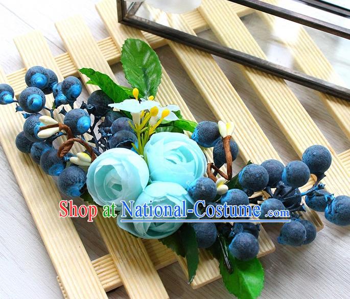 Top Grade Handmade Wedding Bride Hair Accessories Blue Flowers Headband Hair Claw, Traditional Princess Baroque Hair Stick Headpiece for Women