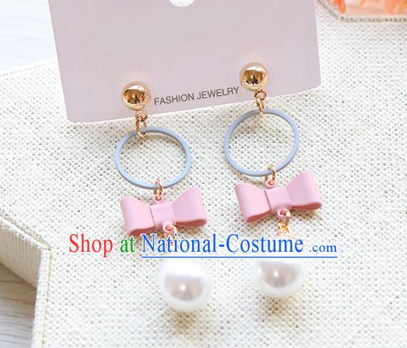 Top Grade Handmade China Wedding Bride Accessories Pearl Earrings, Traditional Princess Wedding Pink Bowknot Eardrop Jewelry for Women