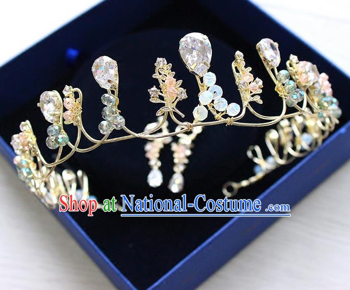 Top Grade Handmade Wedding Hair Accessories Bride Vintage Golden Opal Crown, Traditional Baroque Queen Crystal Royal Crown Wedding Headwear for Women