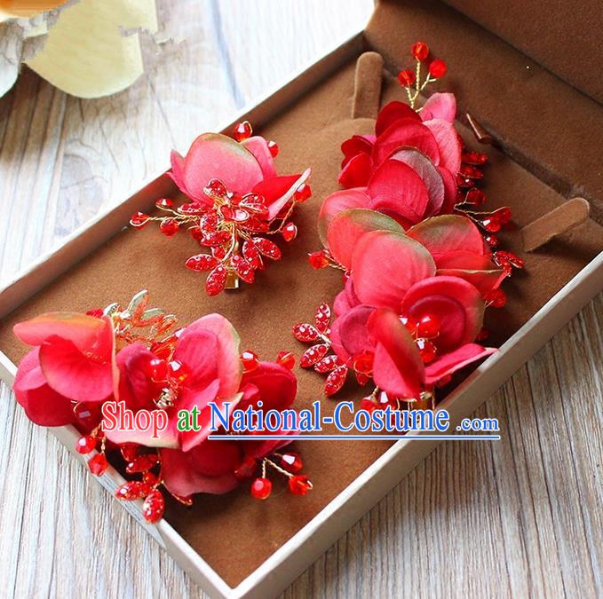 Top Grade Handmade Wedding Bride Hair Accessories Red Flowers Hairpin Hair Claw, Traditional Princess Baroque Crystal Hair Stick Headpiece for Women