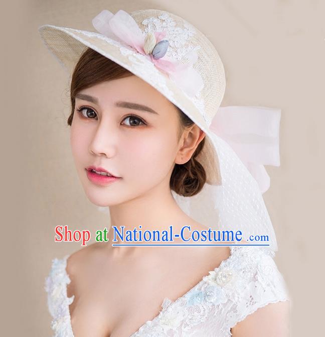 Top Grade Handmade Wedding Bride Hair Accessories Linen Veil Hat, Traditional Princess Baroque Satin Top Hat Headpiece for Women