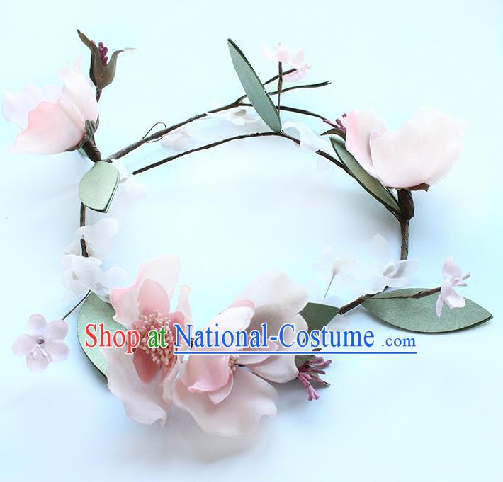 Top Grade Handmade Wedding Bride Hair Accessories Pink Flowers Headband Carland, Traditional Princess Baroque Hair Clasp Headpiece for Women