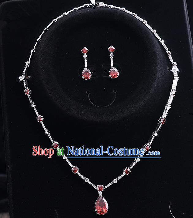 Top Grade Handmade China Wedding Bride Accessories Red Zircon Necklace and Earrings, Traditional Princess Crystal Wedding Eardrop Jewelry for Women