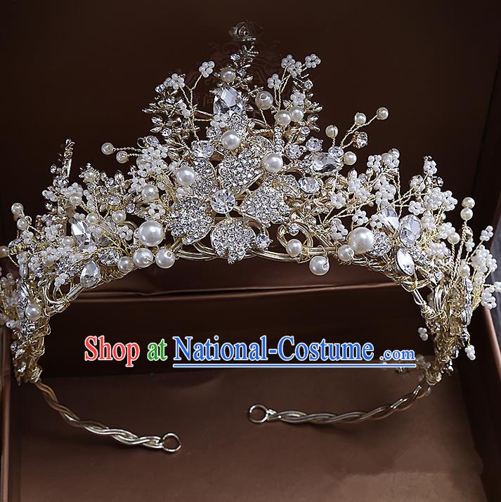 Top Grade Handmade Wedding Hair Accessories Bride Vintage Beads Crown, Traditional Baroque Queen Pearl Royal Crown Wedding Headwear for Women