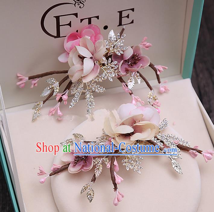 Top Grade Handmade Wedding Bride Hair Accessories Pink Flowers Hair Claw Hairpins, Traditional Baroque Princess Hair Stick Headpiece for Women