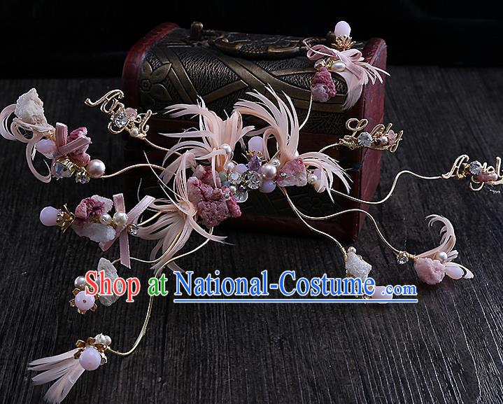 Top Grade Handmade Wedding Bride Hair Accessories Pink Feather Hair Claw, Traditional Princess Baroque Hair Stick Headpiece for Women