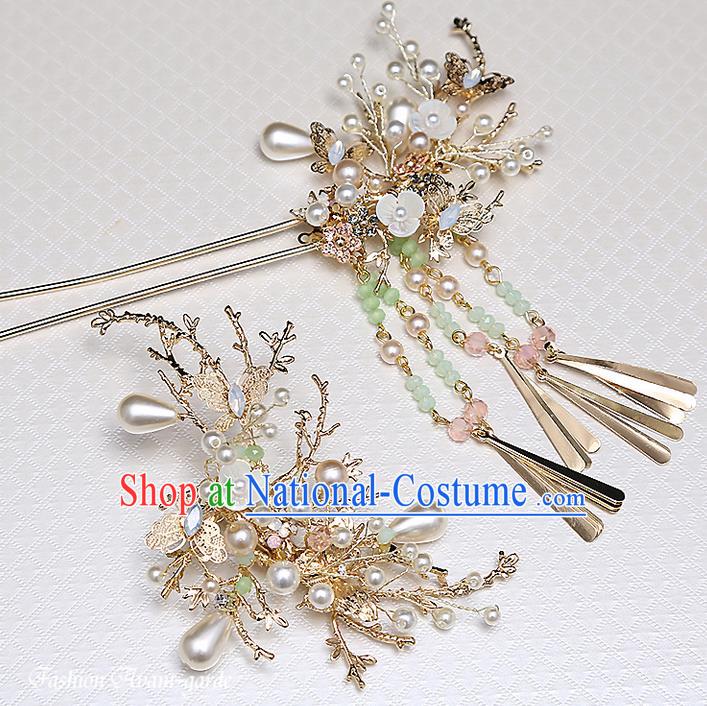 Top Grade Chinese Handmade Wedding Pink Flower Hair Accessories Hair Comb Copmlete Set, Traditional China Xiuhe Suit Step Shake Bride Hanfu Tassel Hairpins Headdress for Women