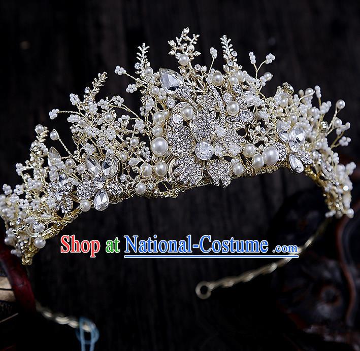 Top Grade Handmade Wedding Hair Accessories Bride Vintage Pearl Crown, Traditional Baroque Queen Crystal Royal Crown Wedding Headwear for Women