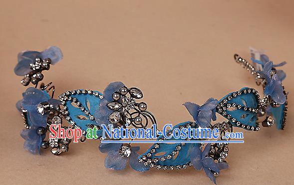 Top Grade Handmade Wedding Bride Hair Accessories Blue Headband Hair Clasp, Traditional Baroque Princess Crystal Hair Stick Headpiece for Women