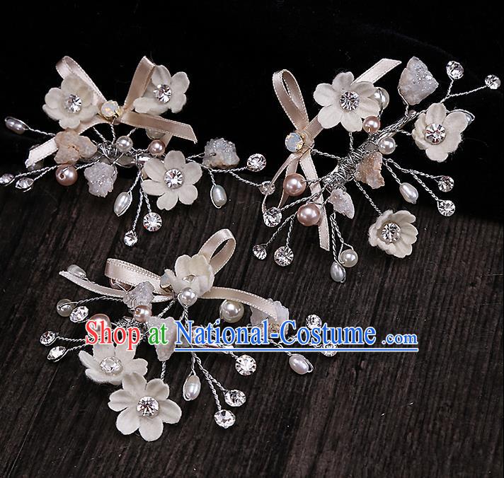 Top Grade Handmade Wedding Bride Hair Accessories Blue Headband Hair Claw, Traditional Baroque Princess Pearl Hair Stick Headpiece for Women