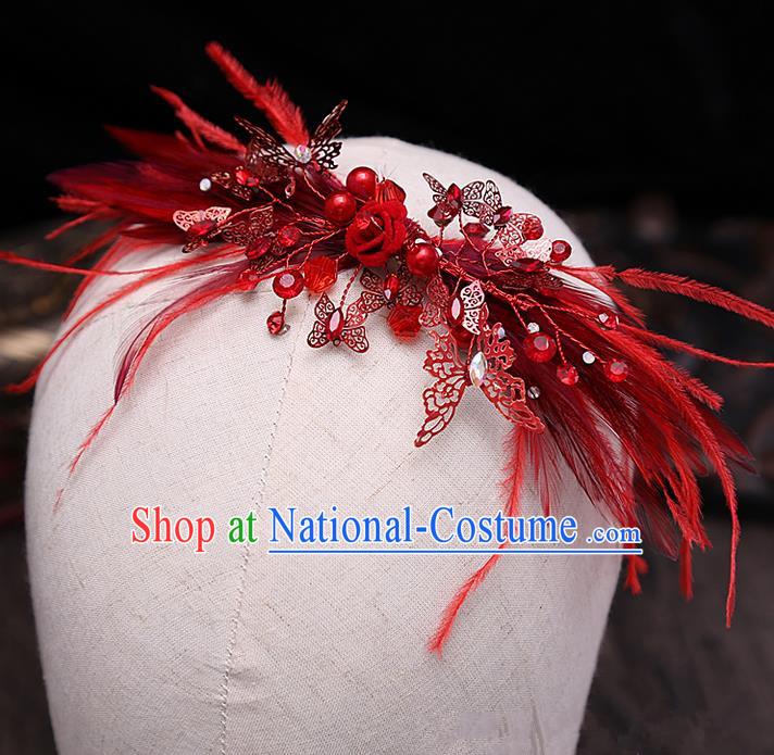 Top Grade Handmade Wedding Bride Hair Accessories Red Feather Headband Hair Claw, Traditional Baroque Princess Butterfly Hair Stick Headpiece for Women