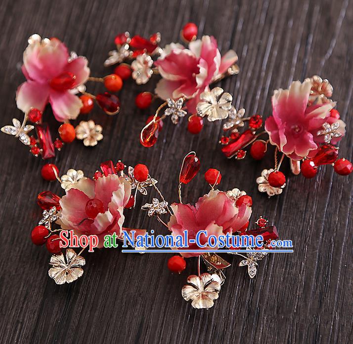 Top Grade Handmade Wedding Bride Hair Accessories Red Beads Headband Hair Claw, Traditional Baroque Princess Hair Stick Headpiece for Women