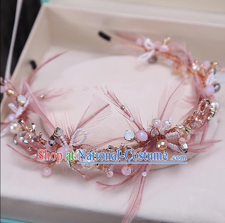 Top Grade Handmade Wedding Bride Hair Accessories Pink Feather Headband Hair Clasp, Traditional Baroque Princess Pearl Hair Stick Headpiece for Women